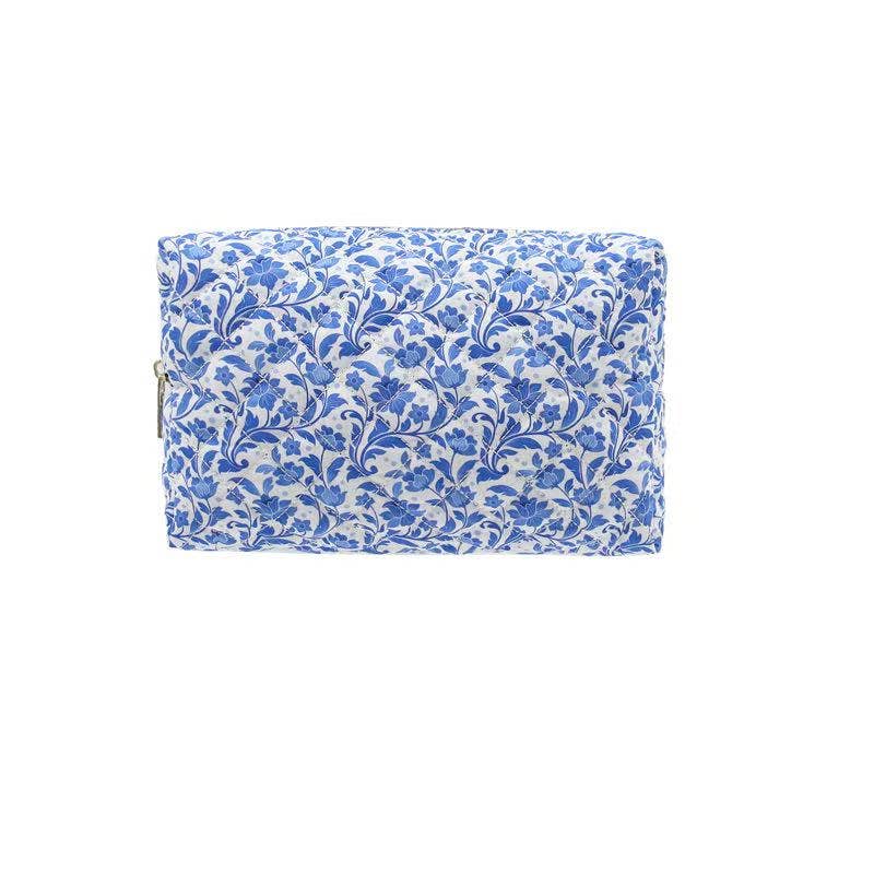 Karma Blue Floral Travel Quilted Makeup Cosmetic Vanity Bag