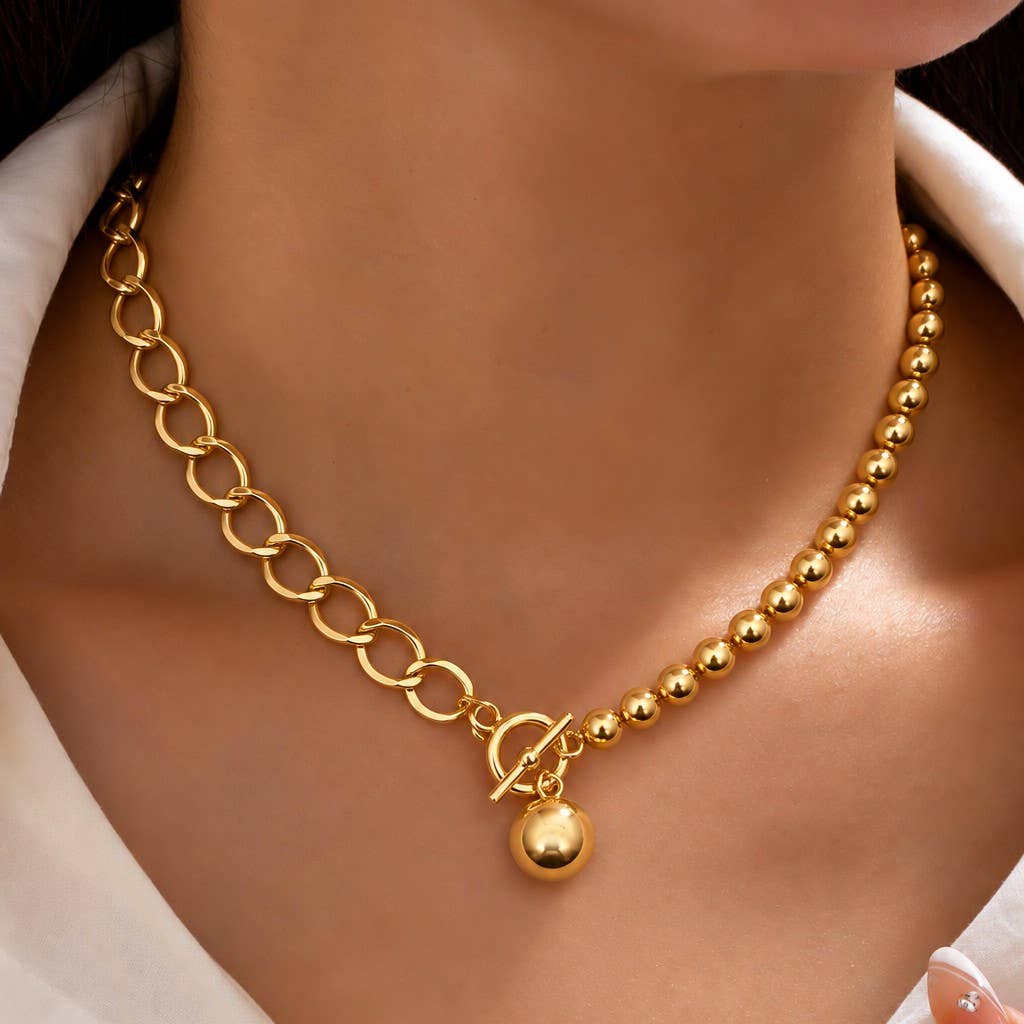 Gold-tone Mixed Link & Round Bead Pendant Necklace | Gold