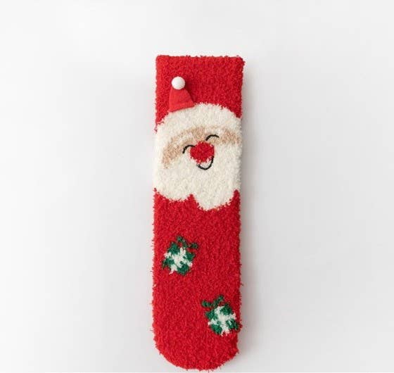 Cozy Holiday Christmas Character Fuzzy Crew Socks | Santa