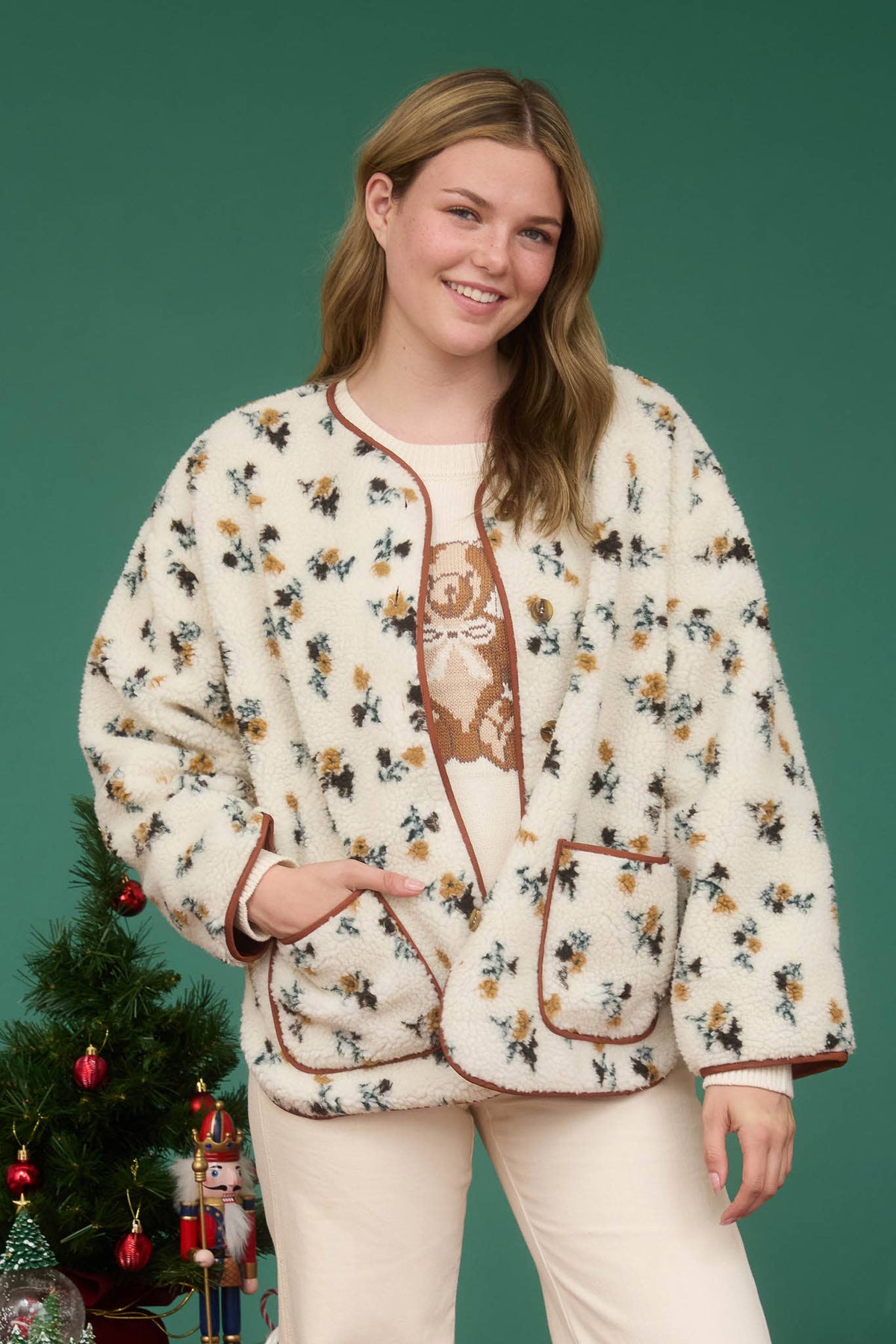Floral Print Sherpa Jacket: Cream Multi