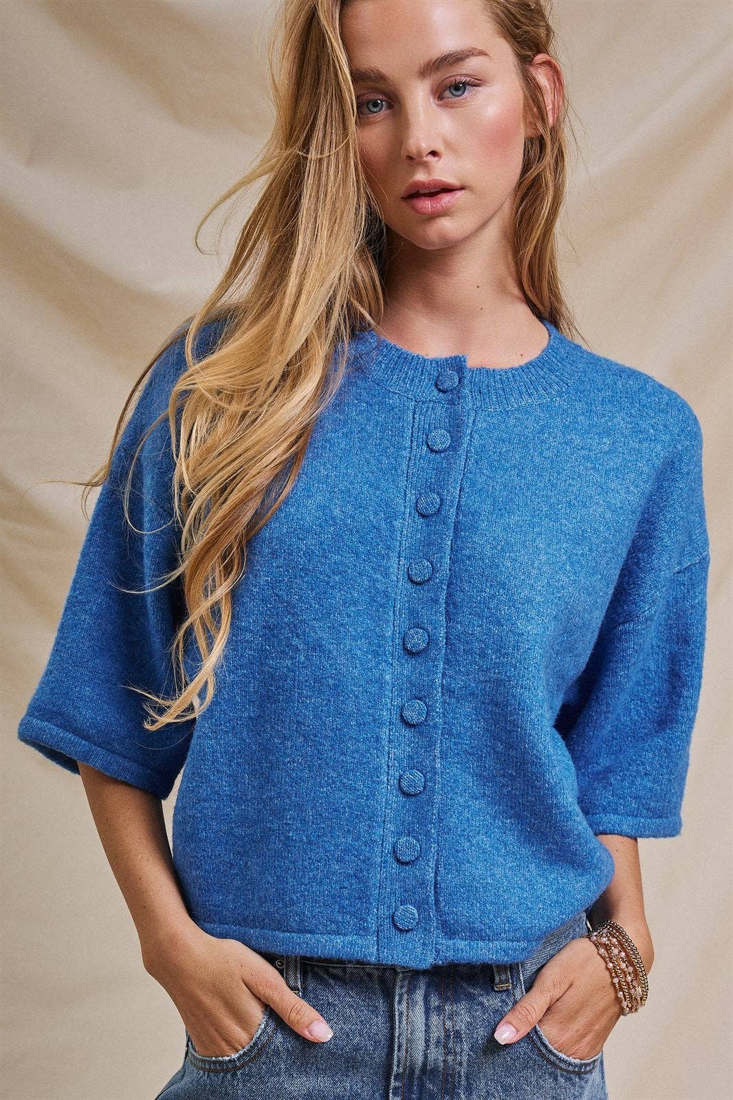 Cropped Knit Button-Front Cardigan Dropped Shoulder: Blue