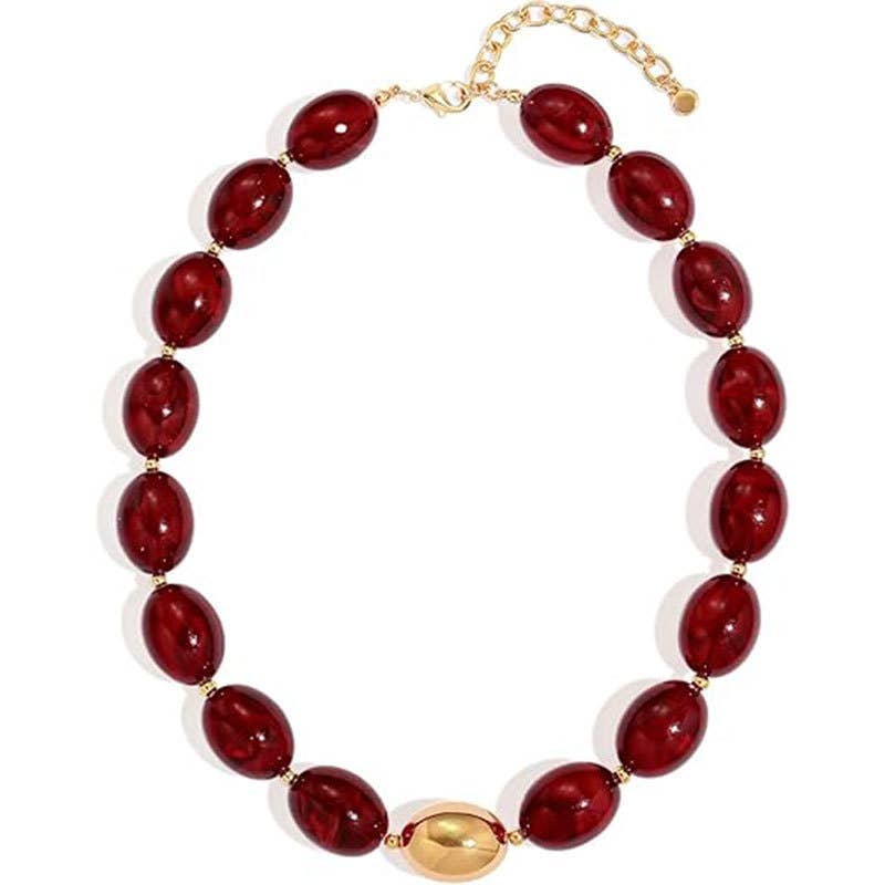 Oval Resin Bead Choker Necklace Beach Vacation Style: Red / M