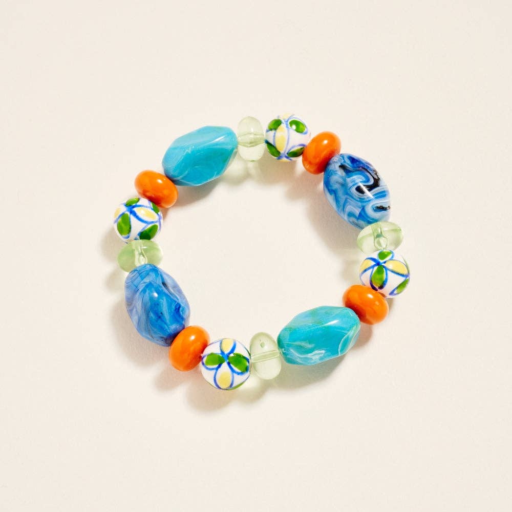 7.25 Inch Marbled Floral Ceramic Bead Bracelet: Blue/Multi / ONE