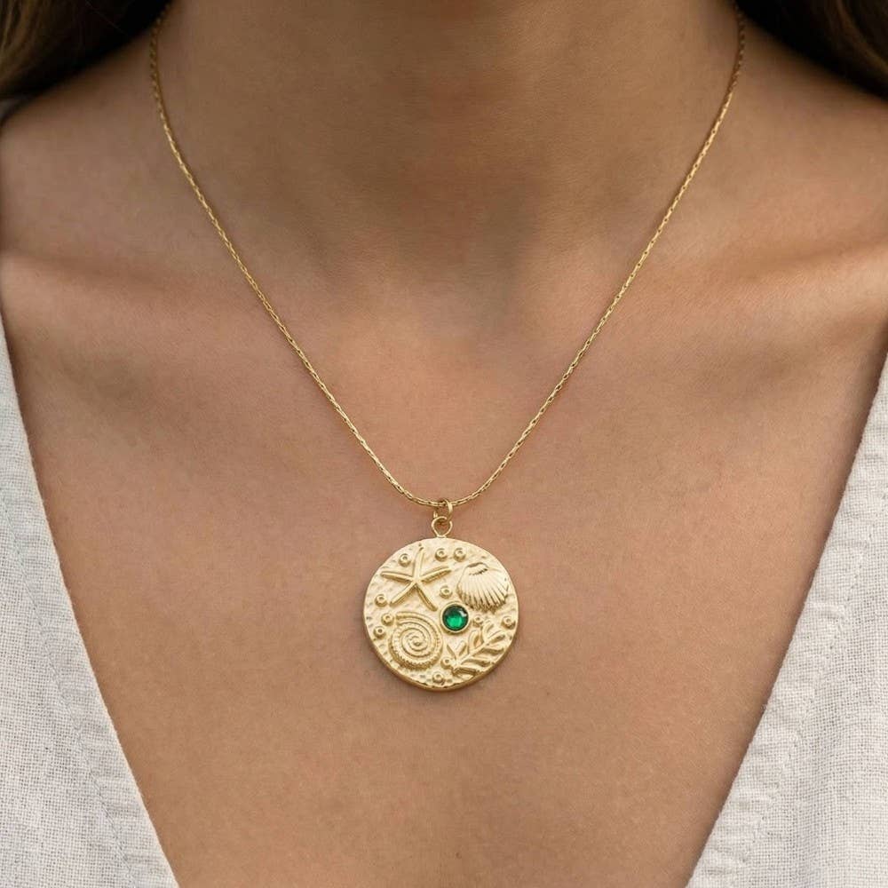 Ocean Motif Crystal Accent Coin Pendant Necklace: G