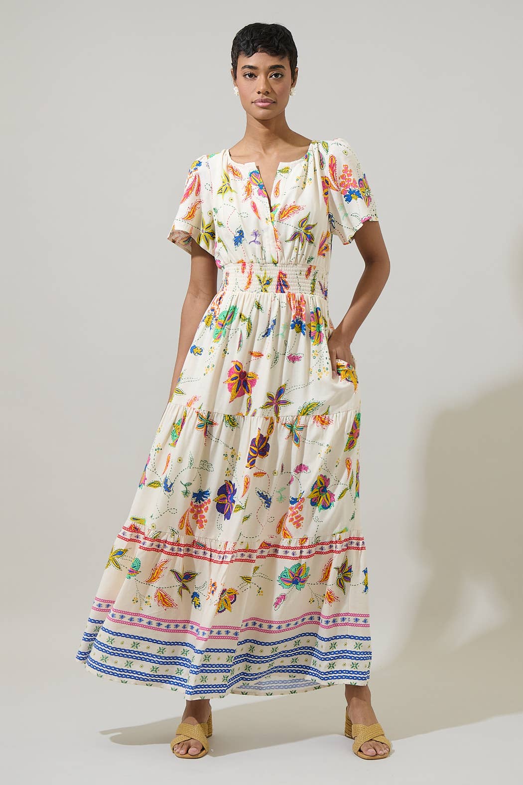 Miraflor Rony Smocked Maxi Dress in Ivory Multi