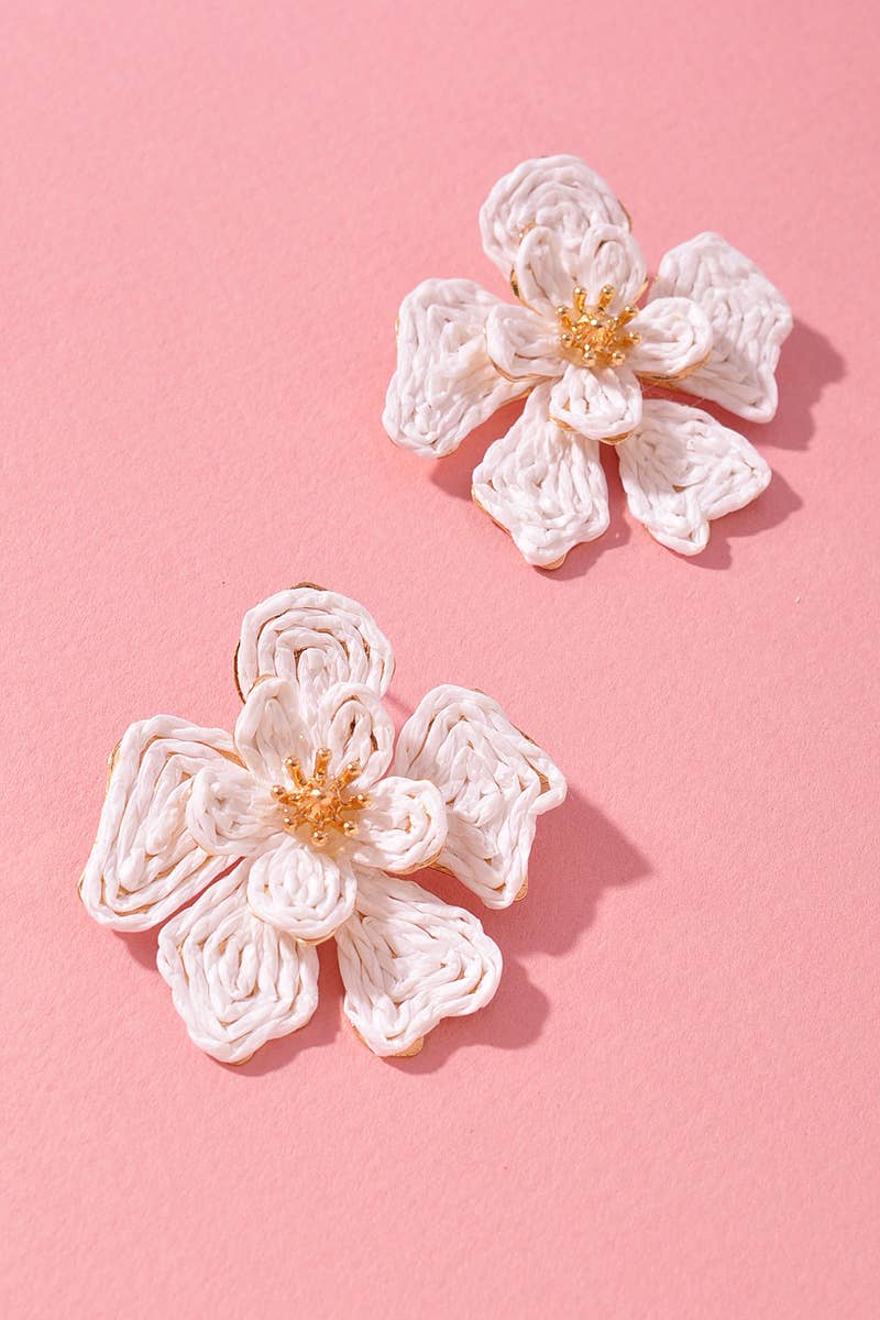 Raffia Flower Statement Earrings: White