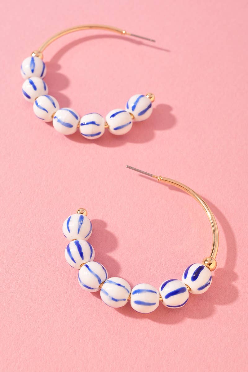 CERAMICS BALL HOOP EARRINGS: Gold/Blue