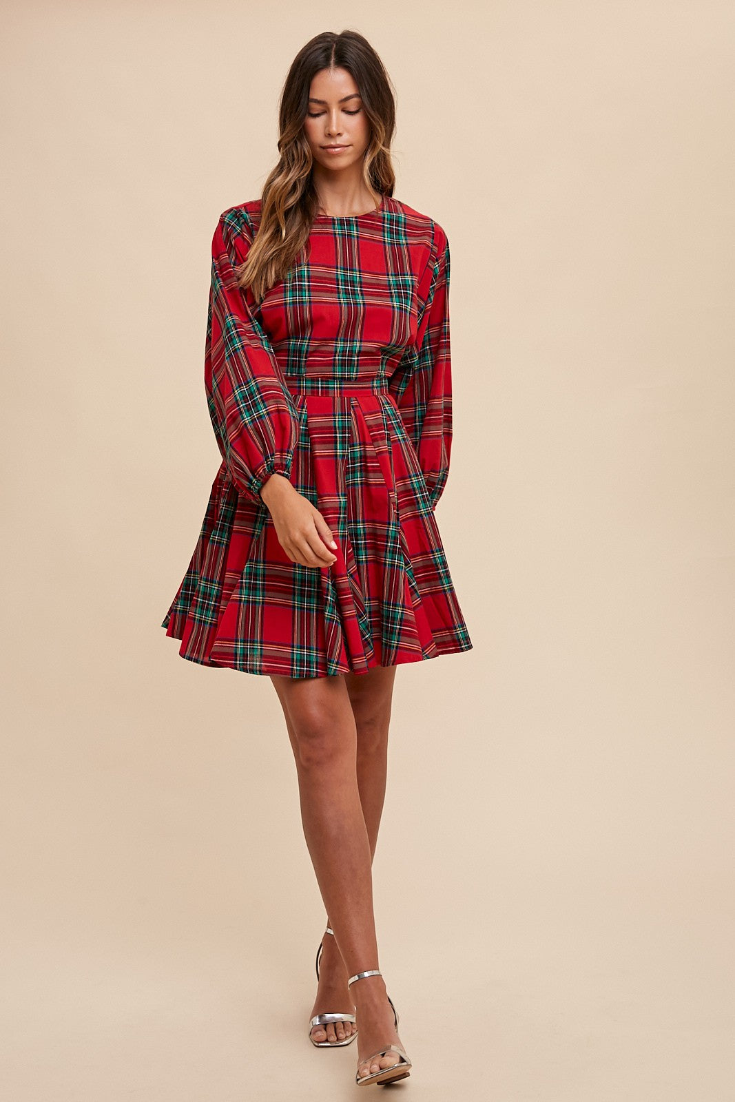 Plaid Printed A-Line Mini Woven Dress in Red Combo – She la la