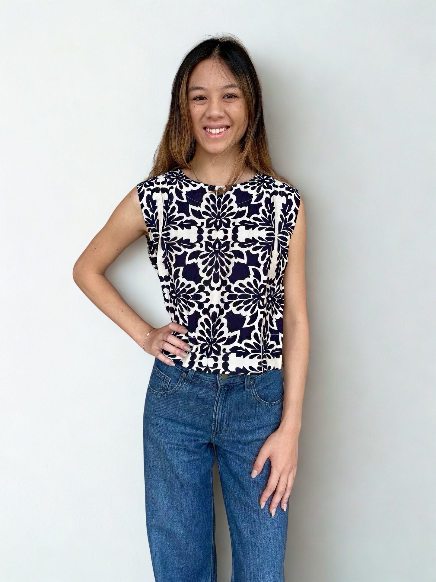Vera Navy Printed Sleeveless Top