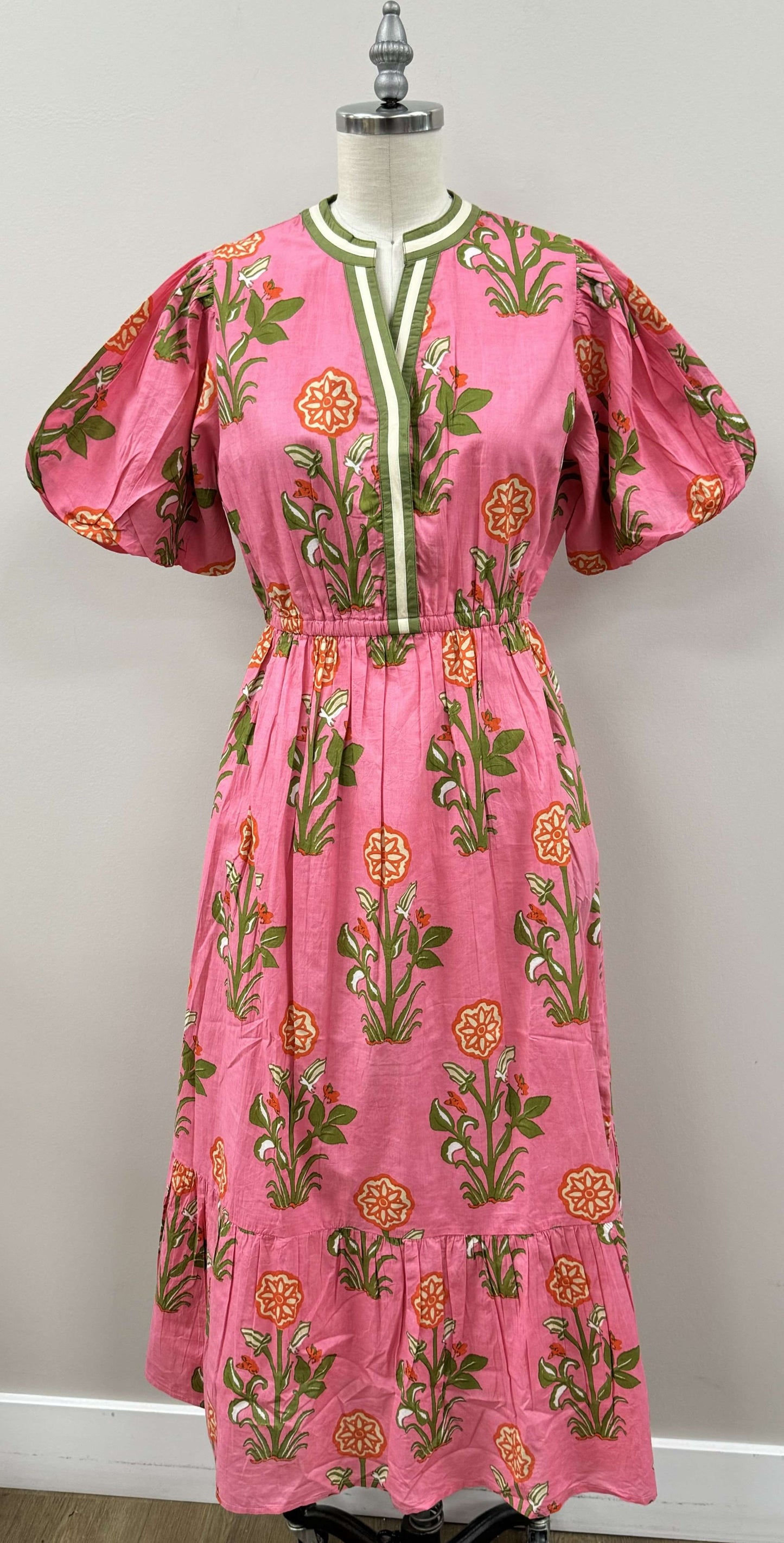 Puff Sleeve Flower Print Maxi Dress in Pink