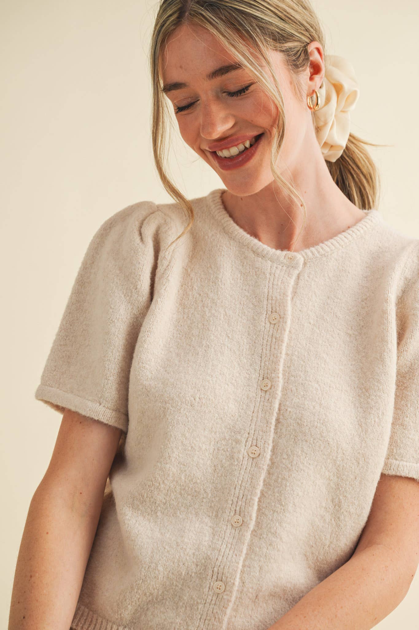 Short Puff Sleeve Sweater Cardigan: Ivory Beige