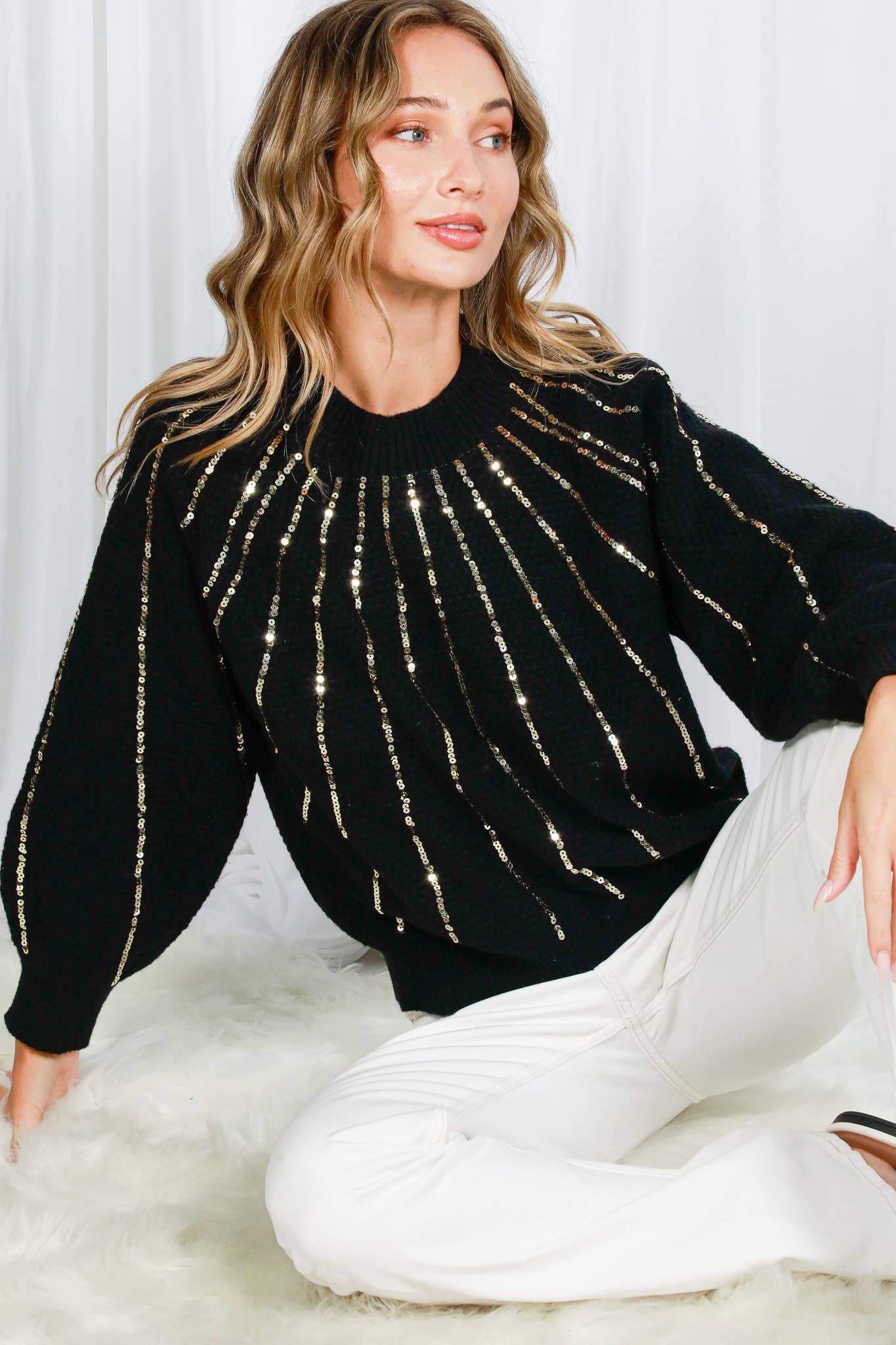 Sequined Embellishment Dolman Sleeve Knitted Sweater in Black