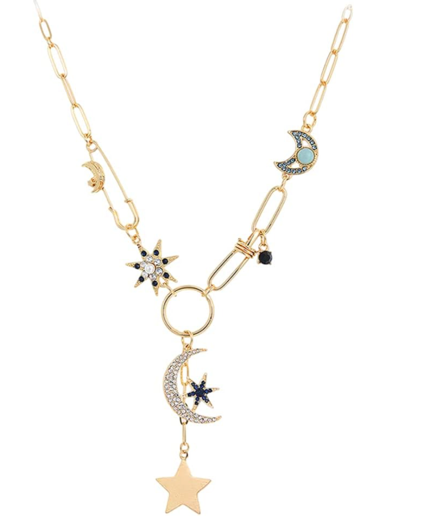 Celestial Coin Charm Hamsa Necklace Lariat Moon NON TARNISH
