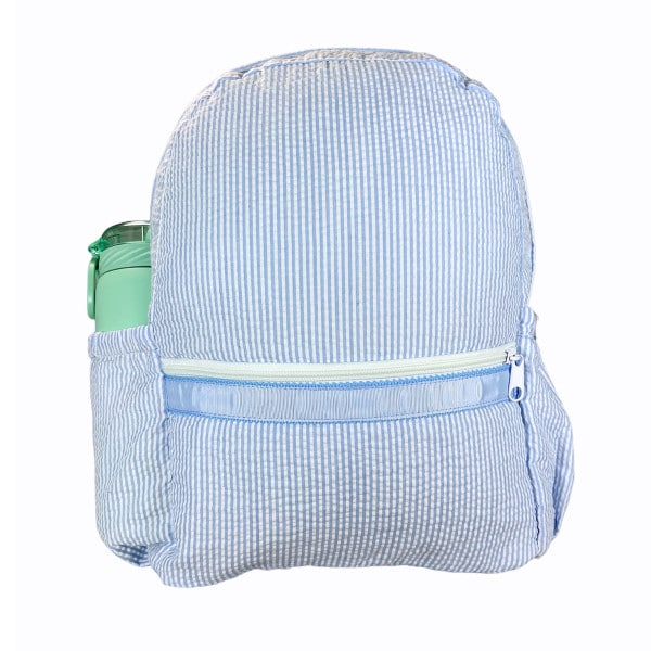 Baby Blue Seersucker Medium Backpack w/ Pocket-Washable