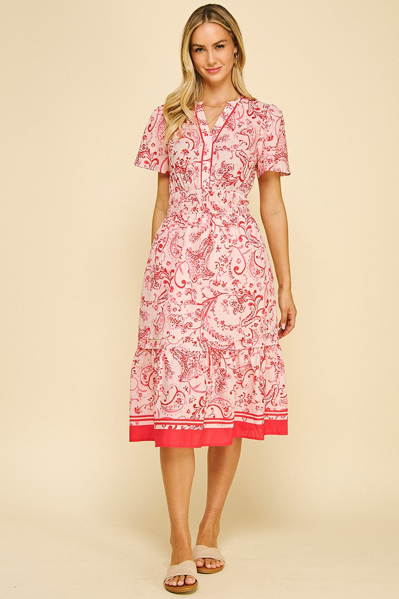 Paisley Print Midi Dress in Red