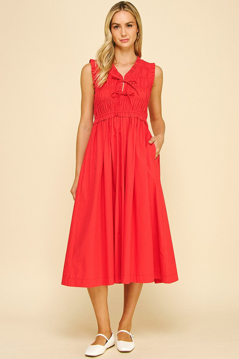 Front-tie Detailed Smocking Detailed Midi Dress in True Red
