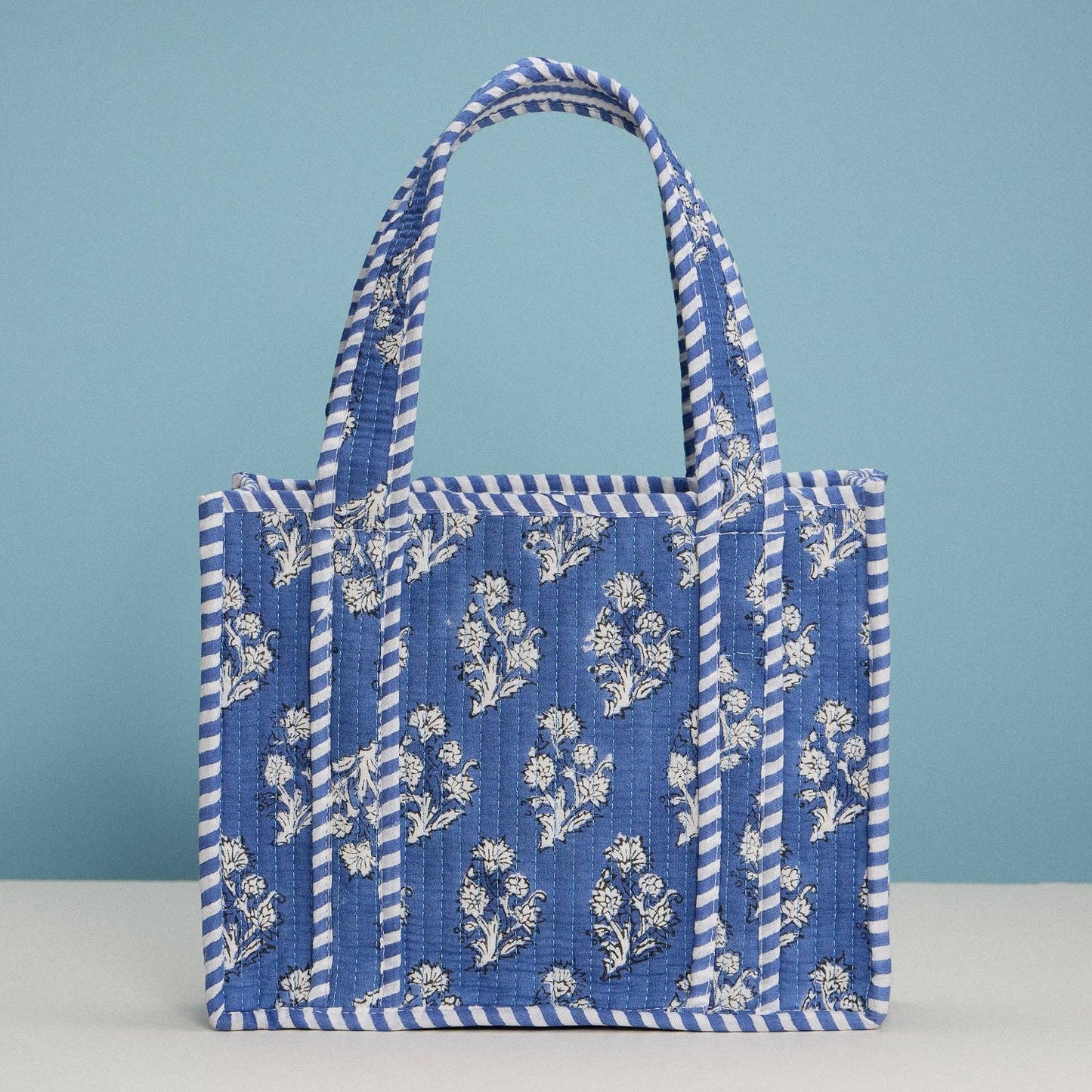 Blue Quilted Floral Mini Tote Bag – Striped Handle Fabric Lunch, Gift & Everyday Carry Bag: BL / ONE