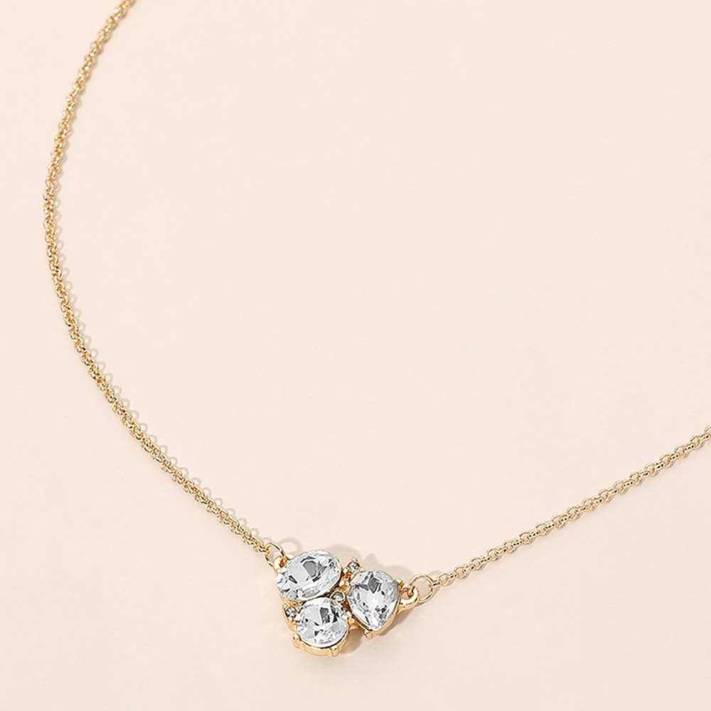 Teardrop Oval Round Stone Cluster Pendant Necklace: Clear,Gold