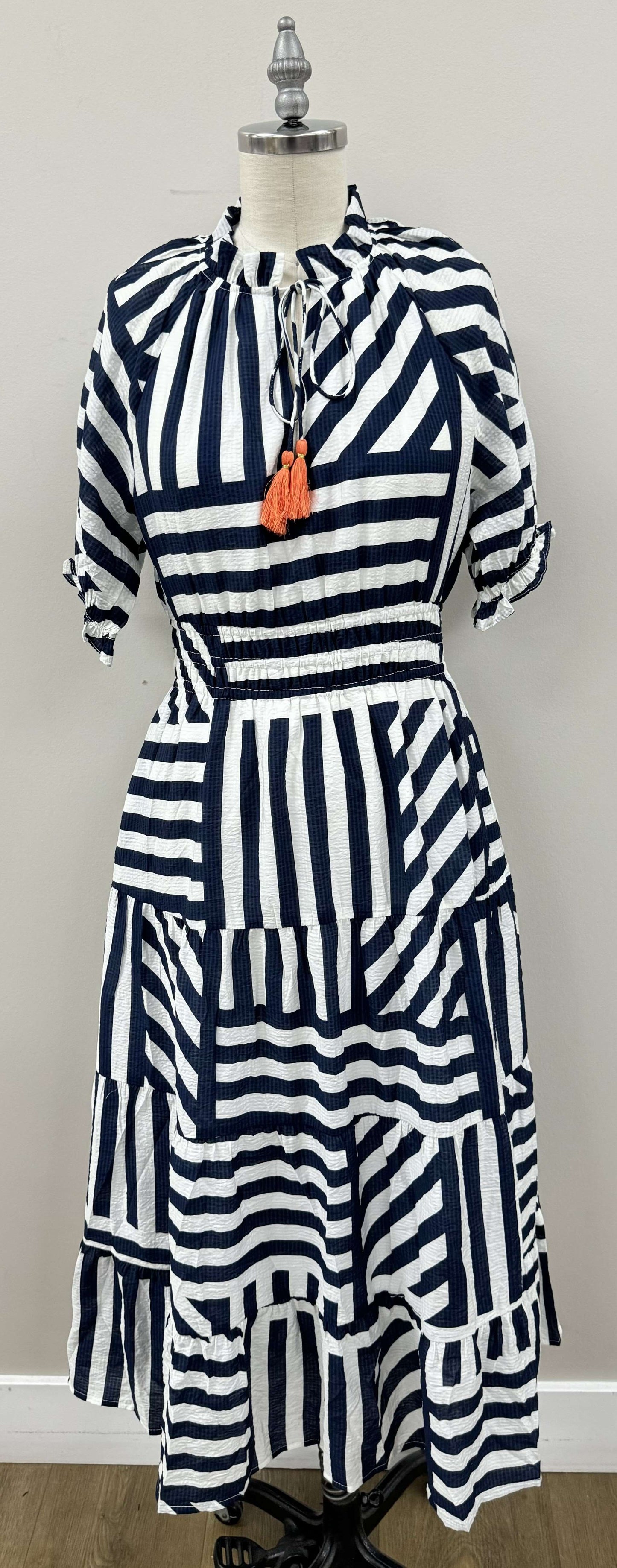 Puff Sleeve Striped Tiered Dress in Navy