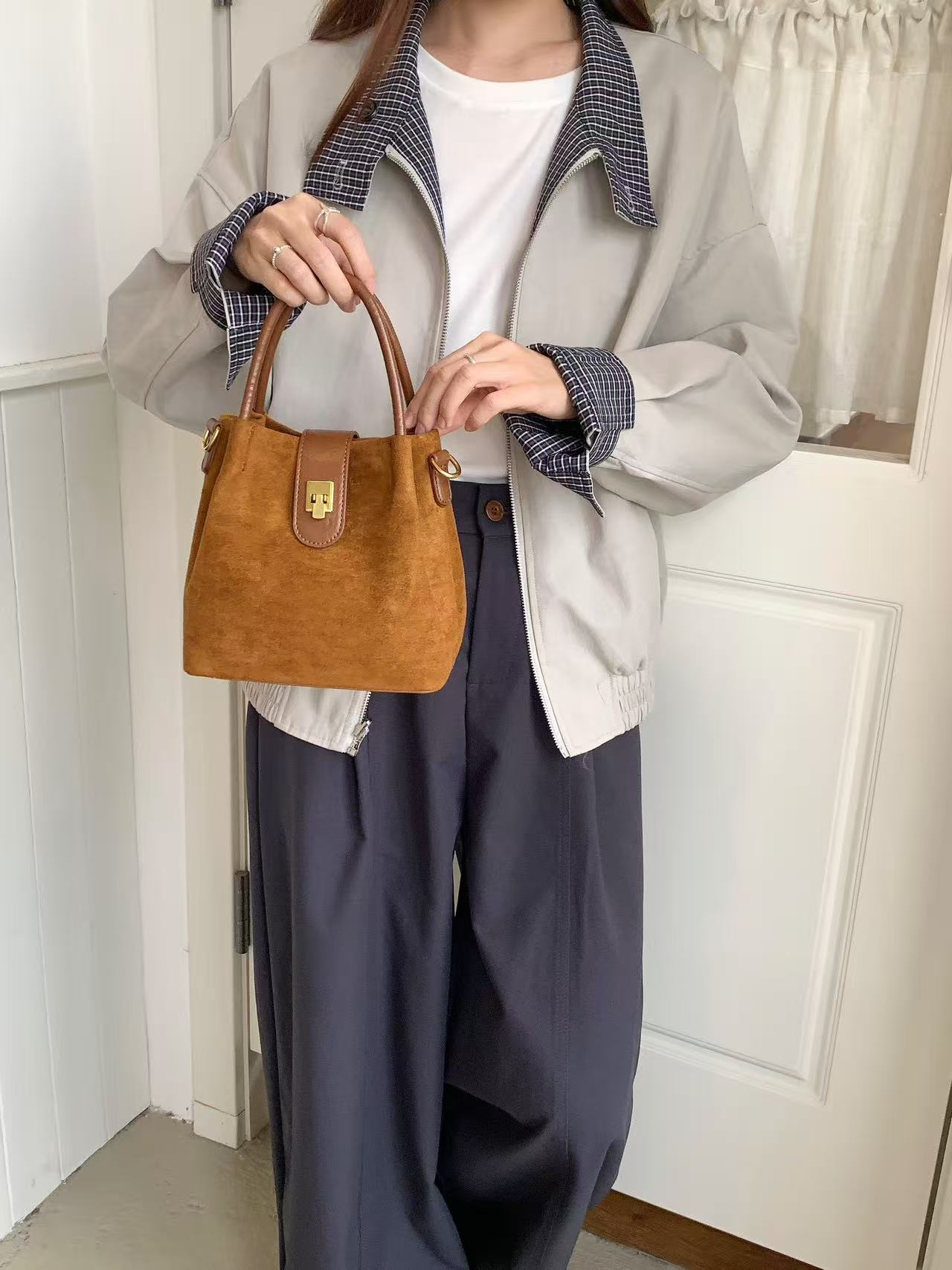 Suede-Like Microfiber Leather Top Handle Crossbody Bag: Camel