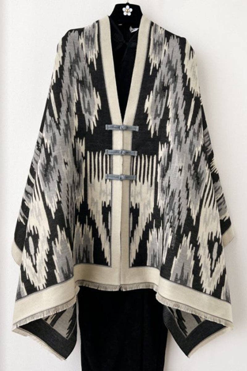 Print Toggle Front Cape Cardigan: BLACK / One Size