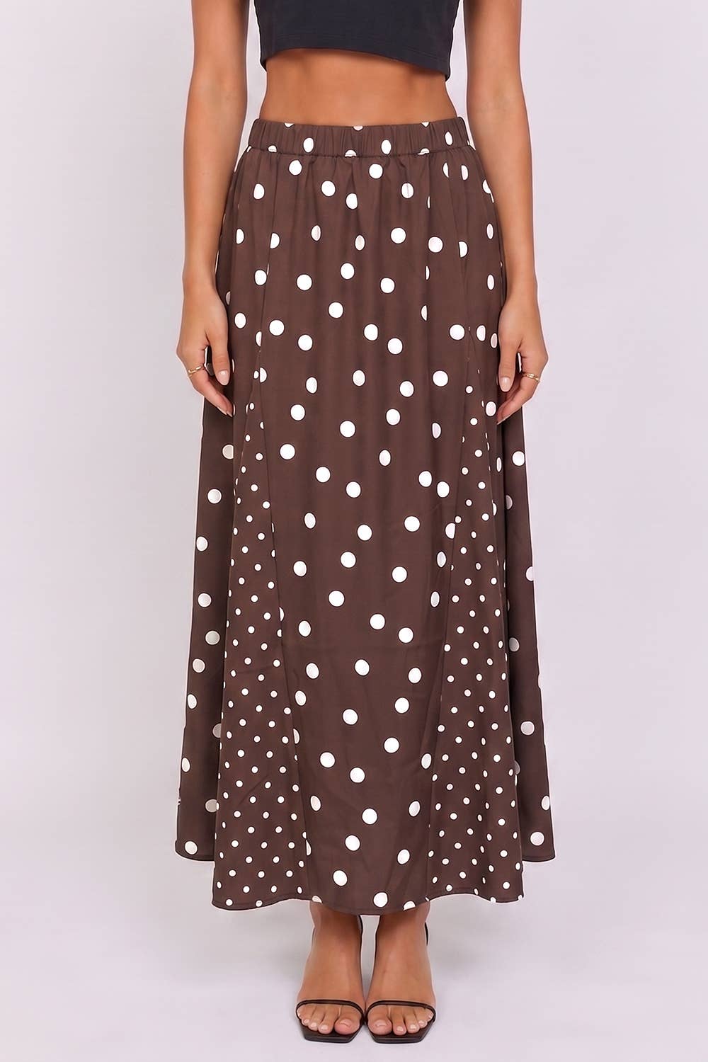 Polka Dot Elastic Waist Maxi Skirt: Choco Dot