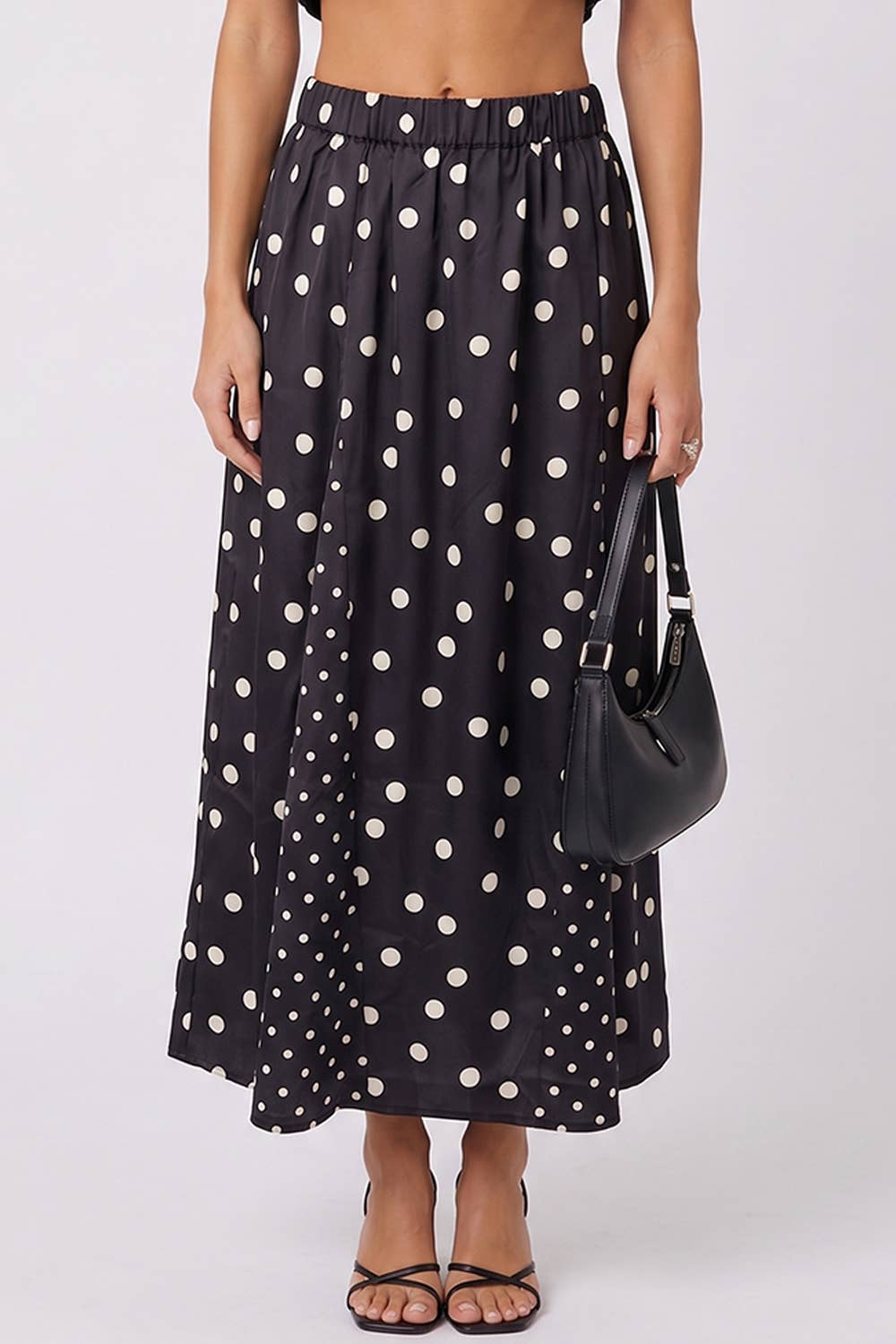 Polka Dot Elastic Waist Maxi Skirt: Black Dot