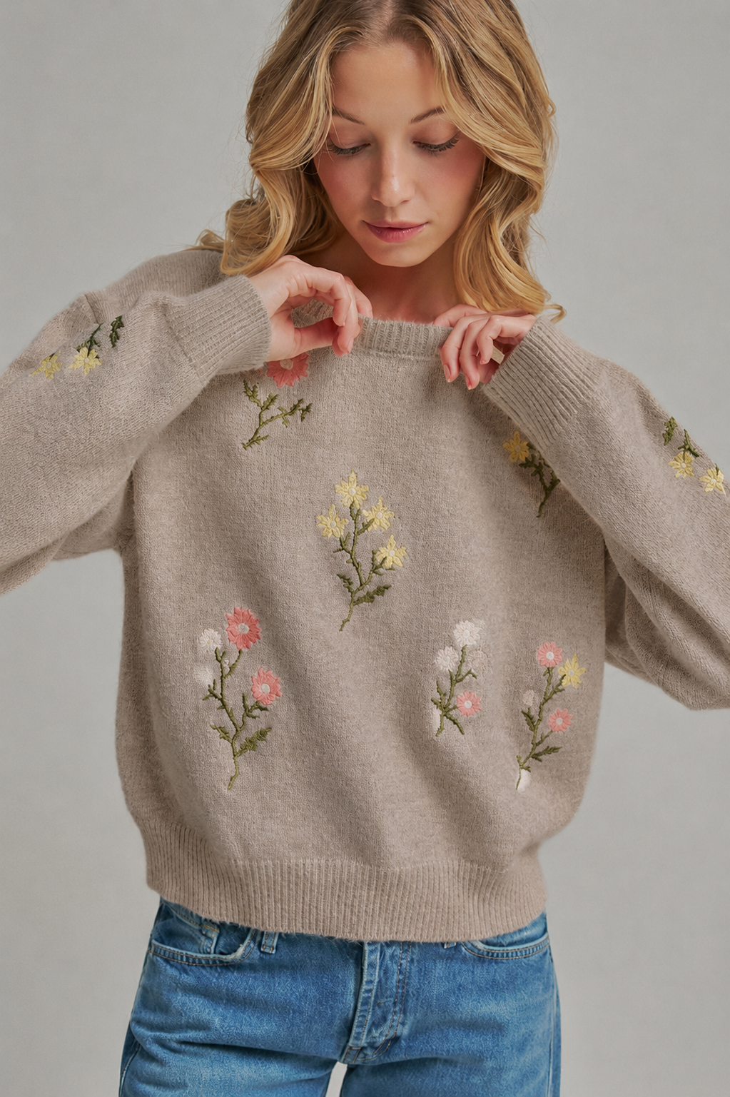 Scattered Floral Embroidered Sweater Top: Taupe