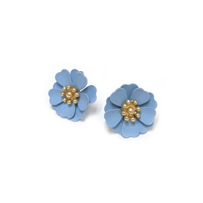 Lightweight Flower Metal with Golden Pollen Post Earrings: Blue