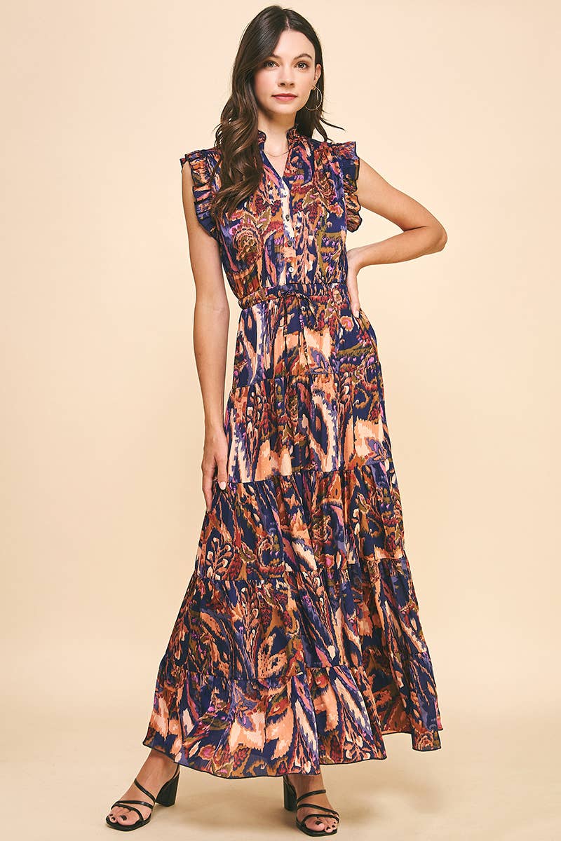 Satin Print Maxi Dress - Navy