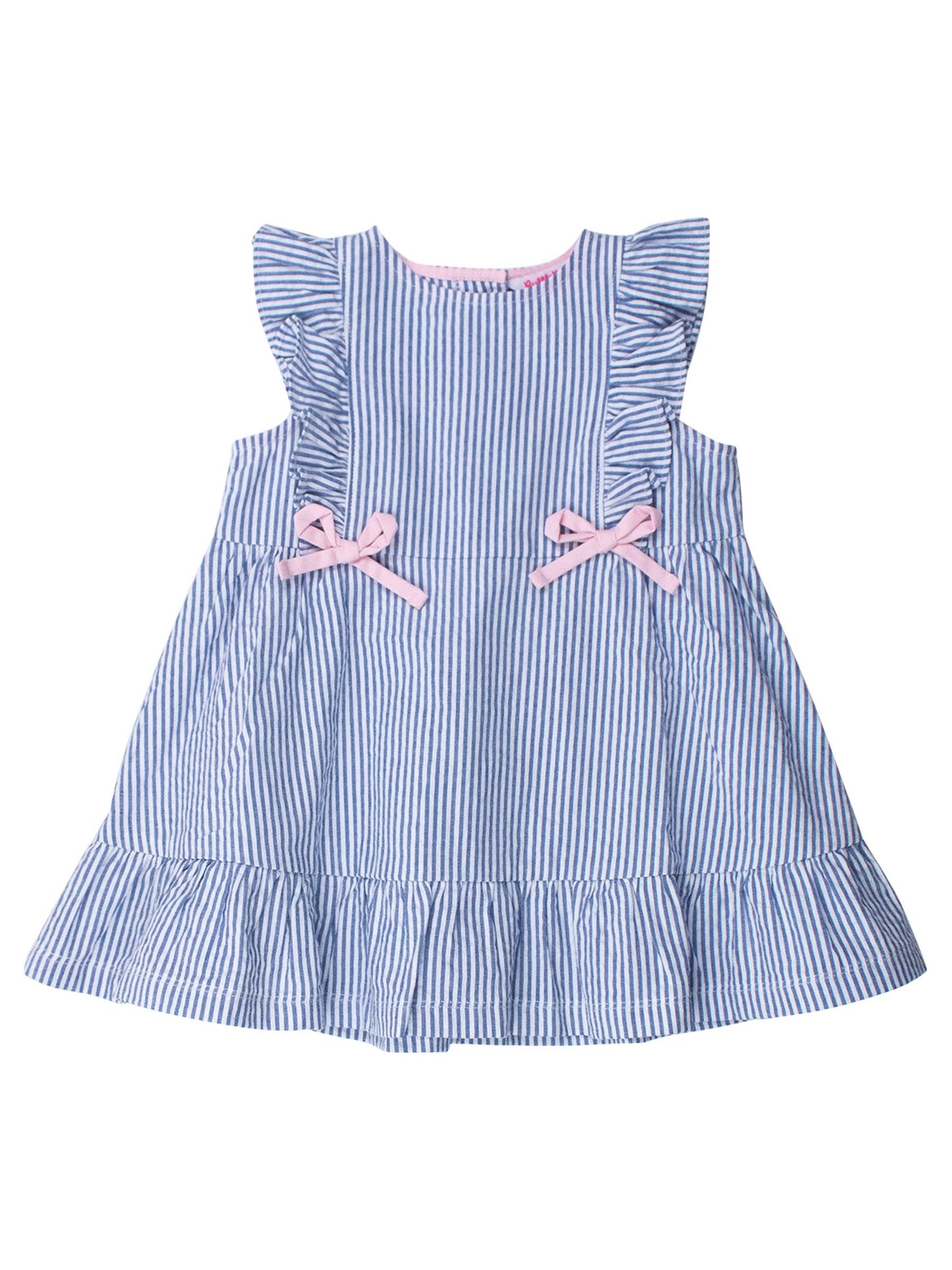 Girls Classic Blue Seersucker Pinafore Bow Dress