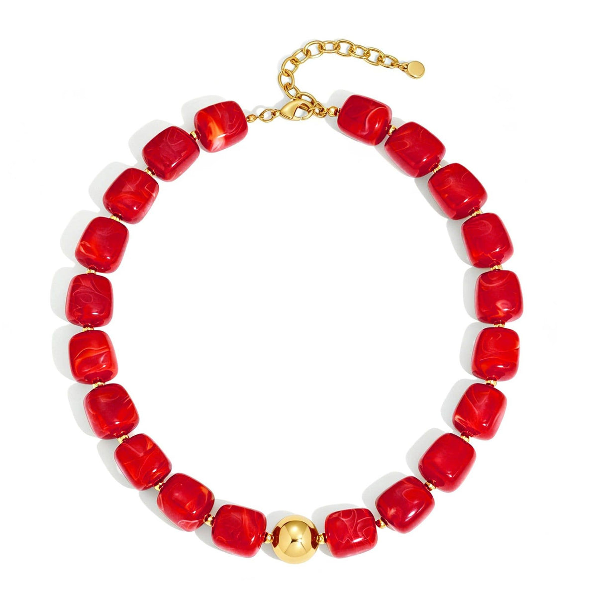 Women Square Resin Bead Necklace With Gold Ball Detail: Deep_Red / M