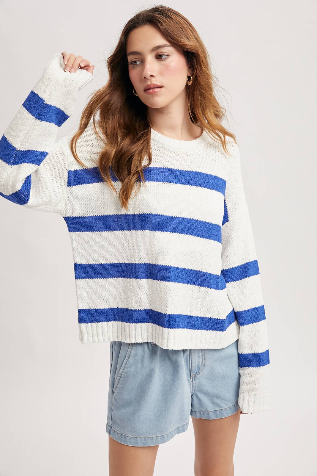 Striped Lightweight Sweater / White/Pacific