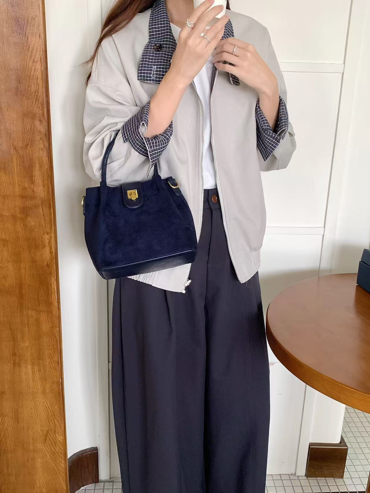 Suede-Like Microfiber Leather Top Handle Crossbody Bag: Navy