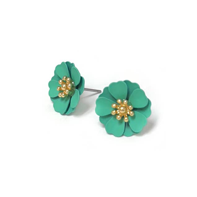 Lightweight Flower Metal with Golden Pollen Post Earrings: Mint