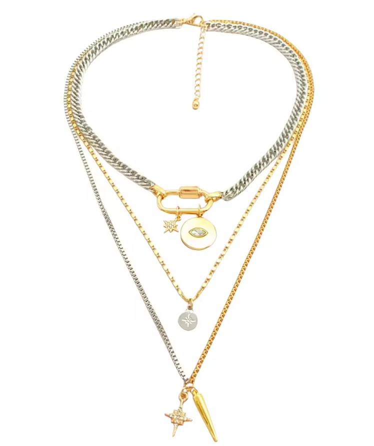 Horn and Evil Eye - Carabiner Multi Chain Charm Necklace NON TARNISH