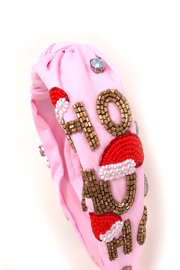 Ho Ho Ho Christmas Holiday Seed Bead Headband: Pink