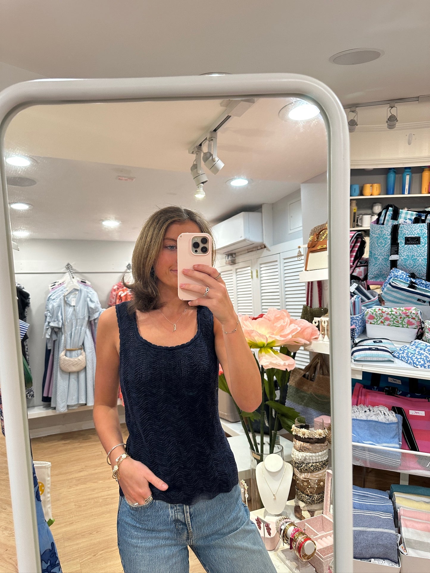 Pointelle Knit Tank Top in Navy