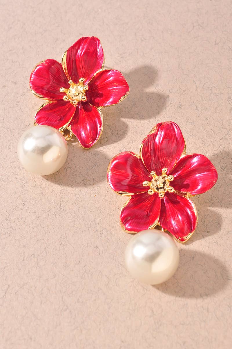 Enamel Flower Pearl Accent Statement Earrings: Red