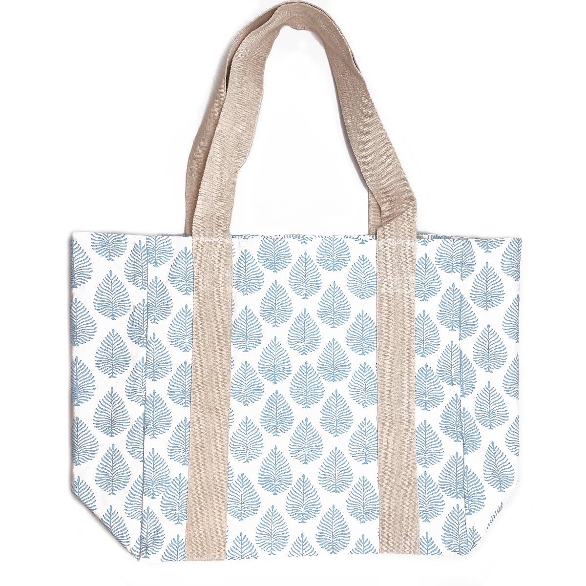 Block Printed Canvas Bag - Sky Blue Leaves