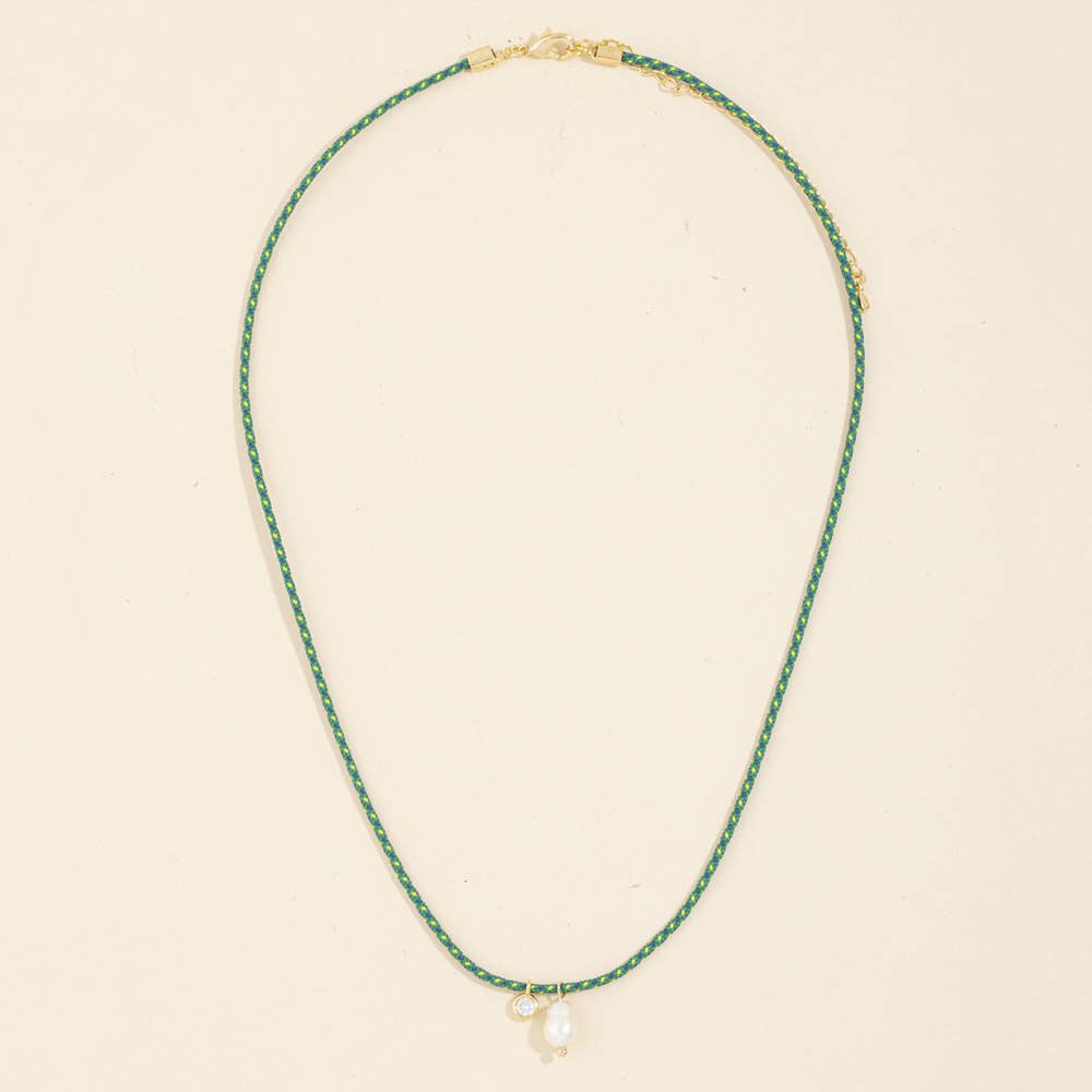 Cord Necklace With Bezel Cz And Pearl Drops: GDGRN