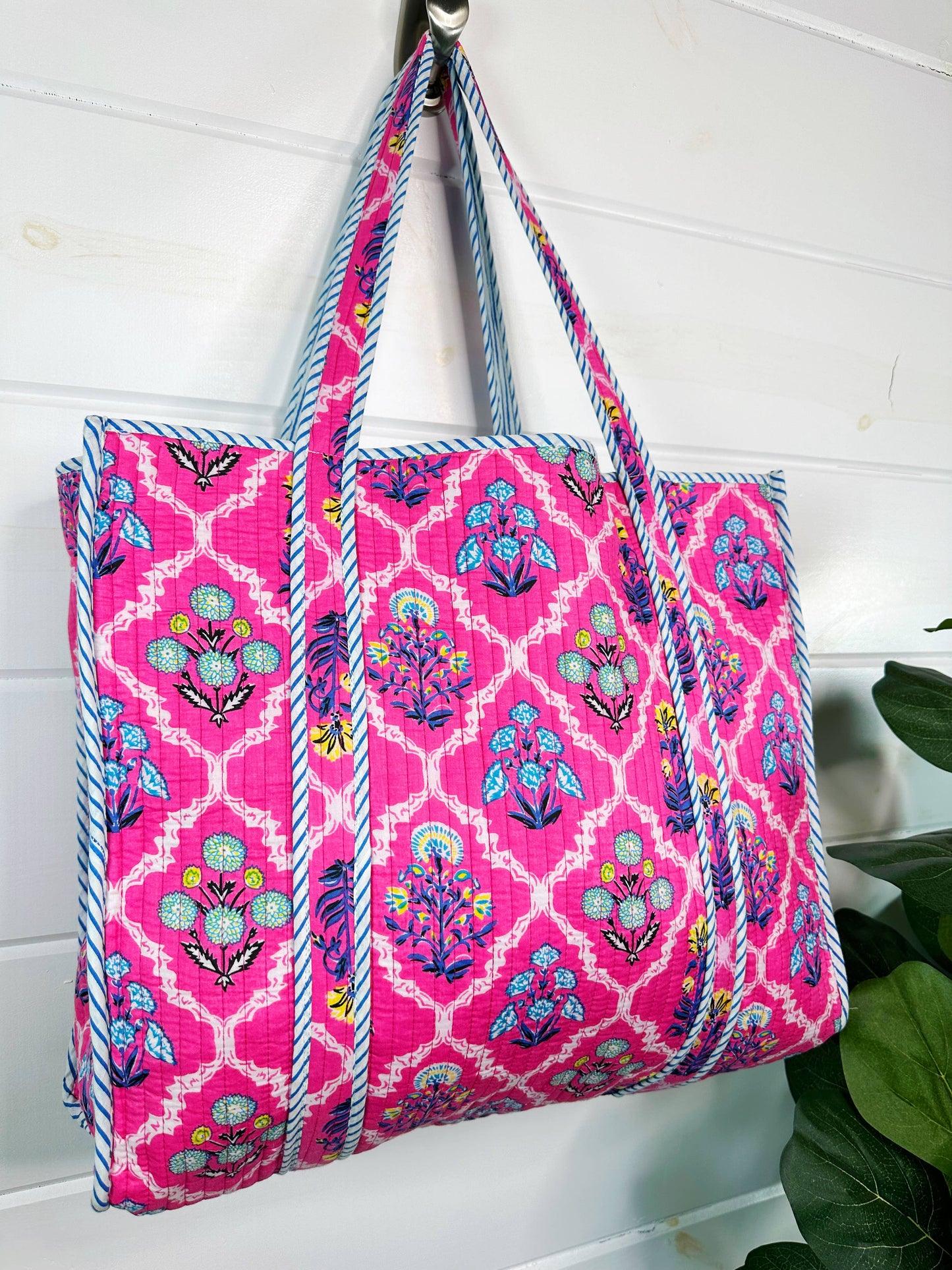 Large Tote Bags | Quilted Travel Tote | Pink Wildflowers