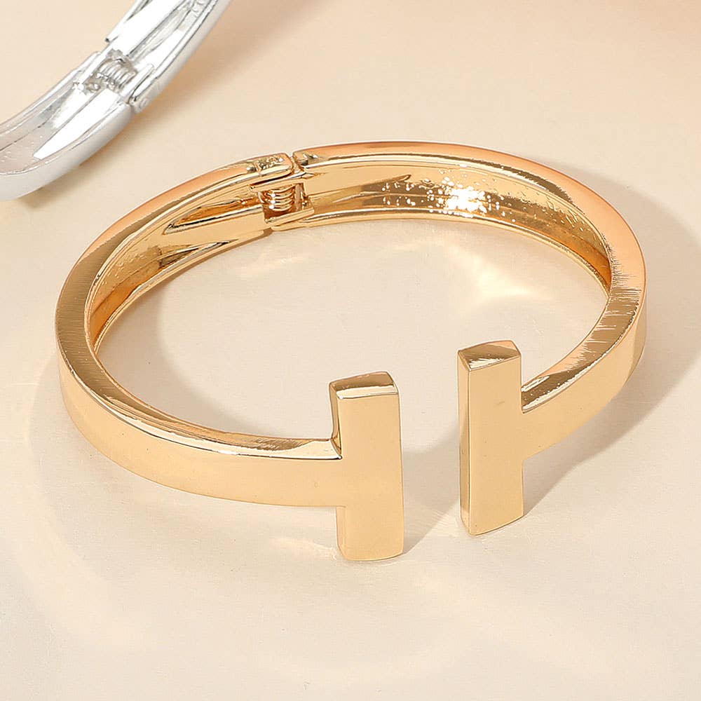 Metal T Tip Hinged Bangle Cuff Bracelet: Gold