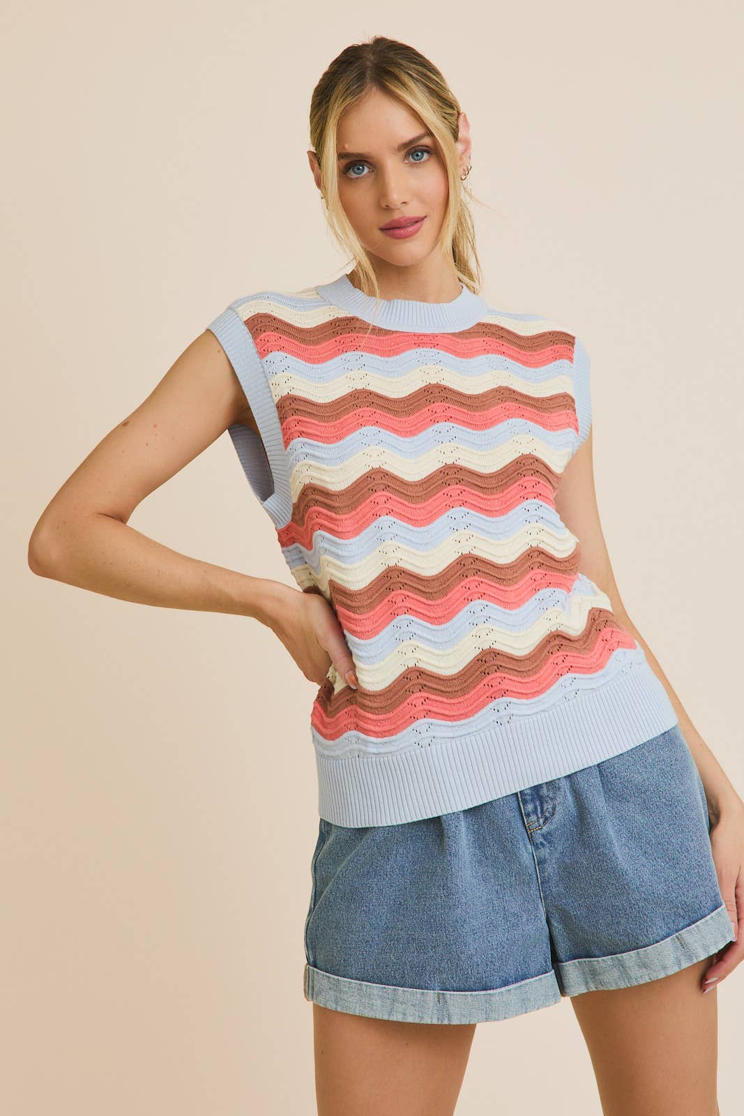 Mock Neck Sleeveless Wave Stripe Crochet Knit Top