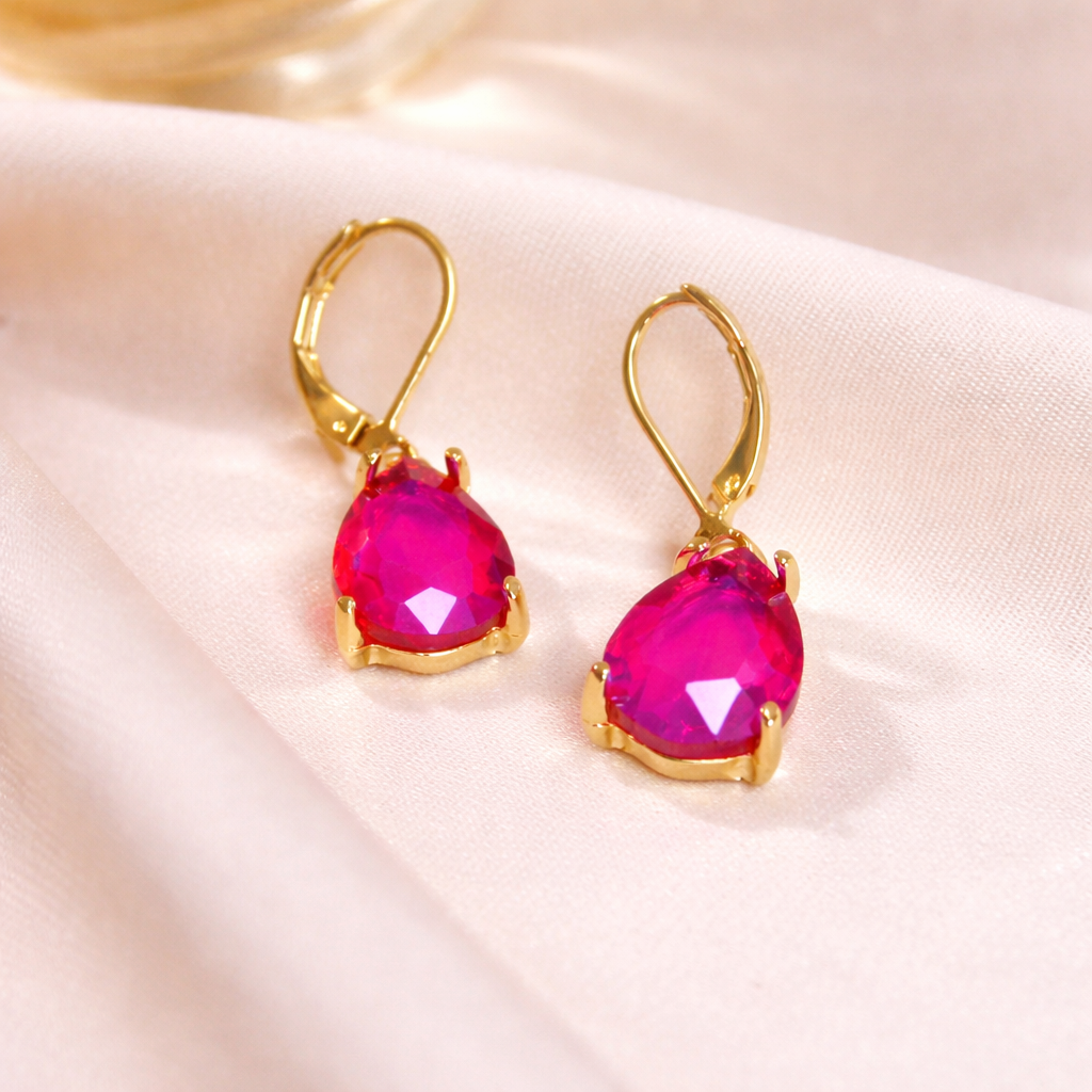 Teardrop Glass Beads Dangle Lever Back Drop Earrings: Fuchsia-AB