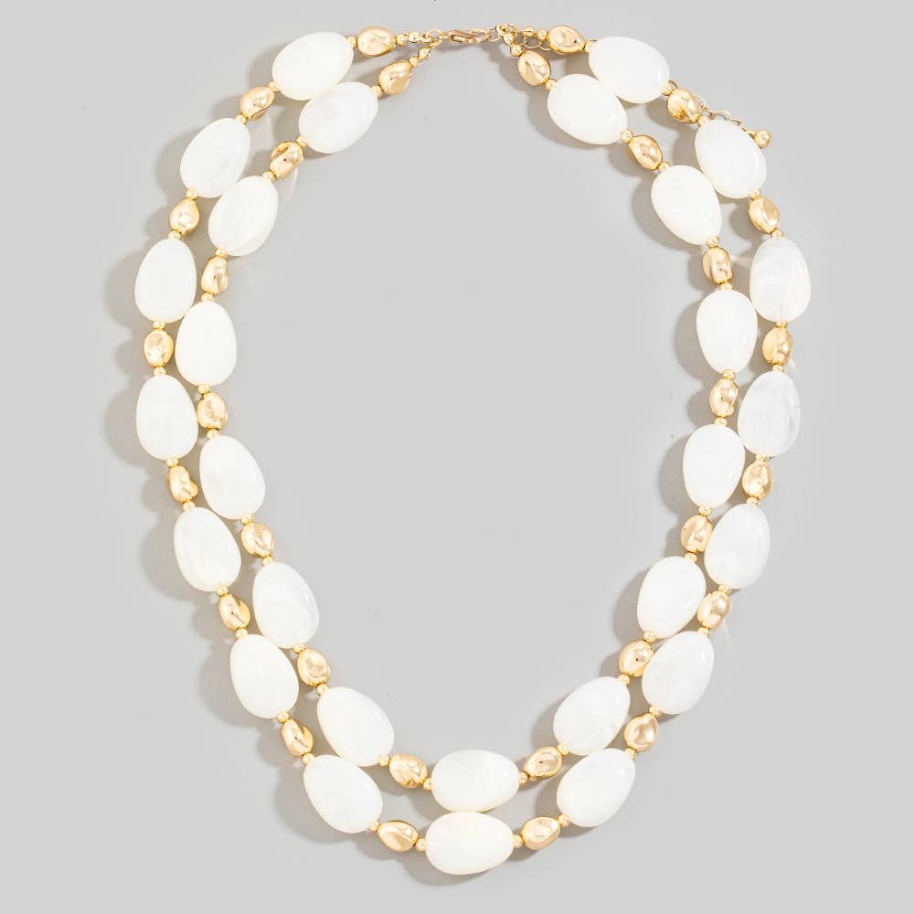 Marble Resin And Metallic Beaded Layered Necklace: WHT