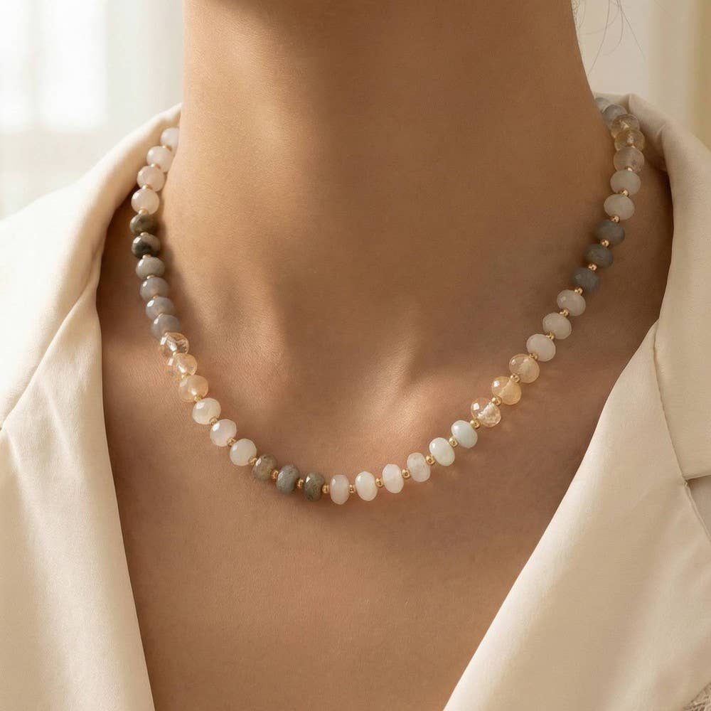 Round Stone Beaded Necklace: GRY