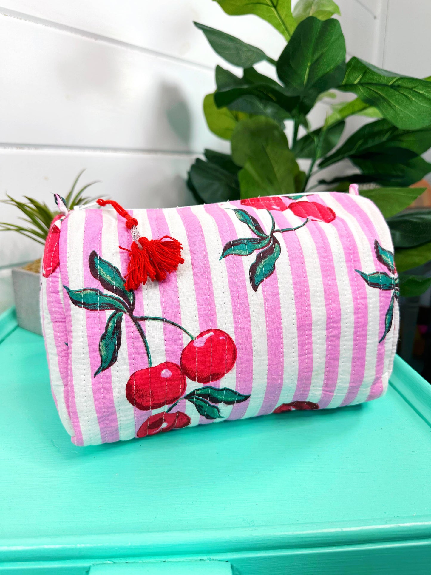 Quilted Makeup Bag | Cosmetics Toiletry Bag | Cherry Print