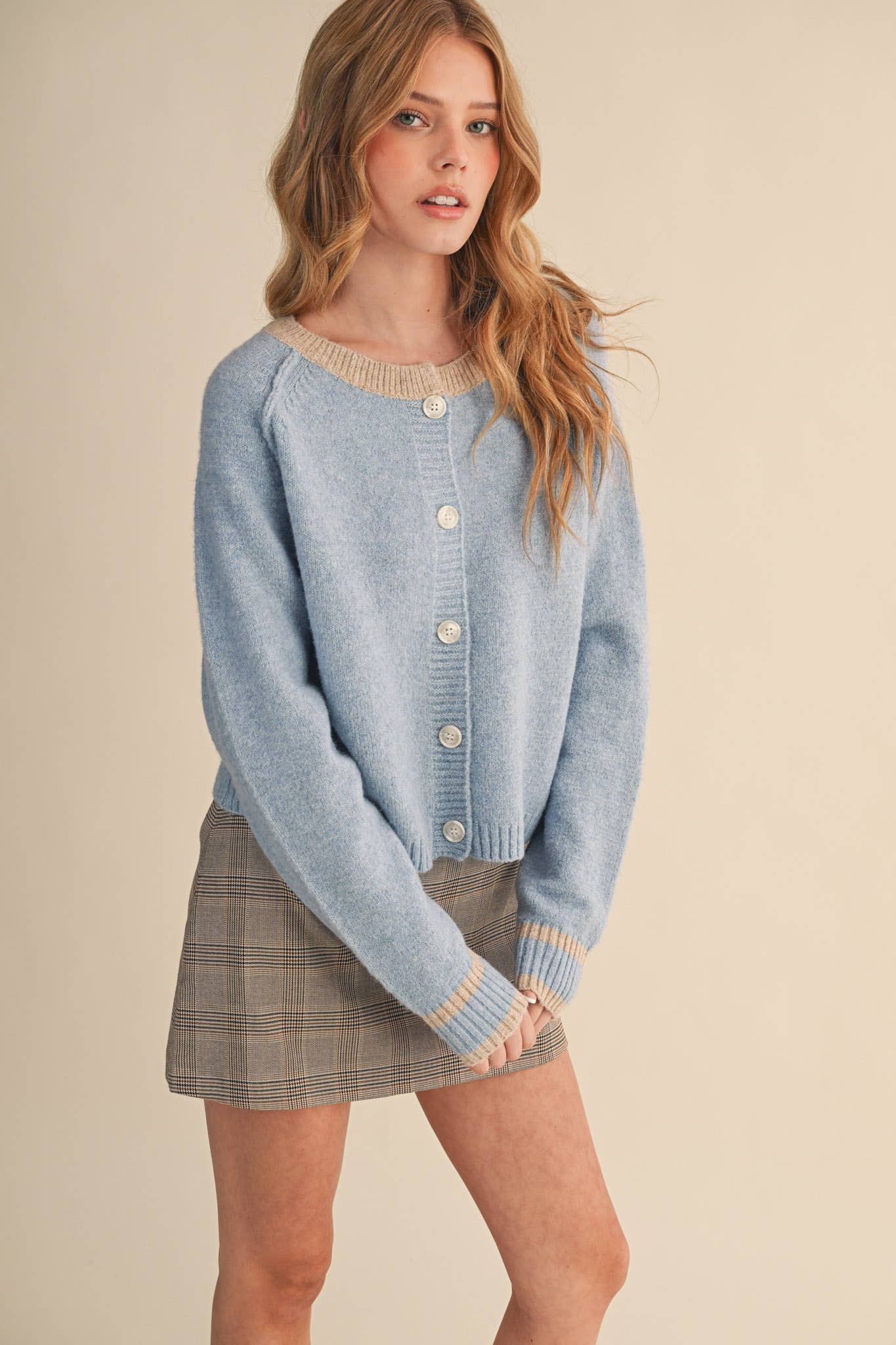 Two Tone Sweater Cardigan: Sky Blue Taupe