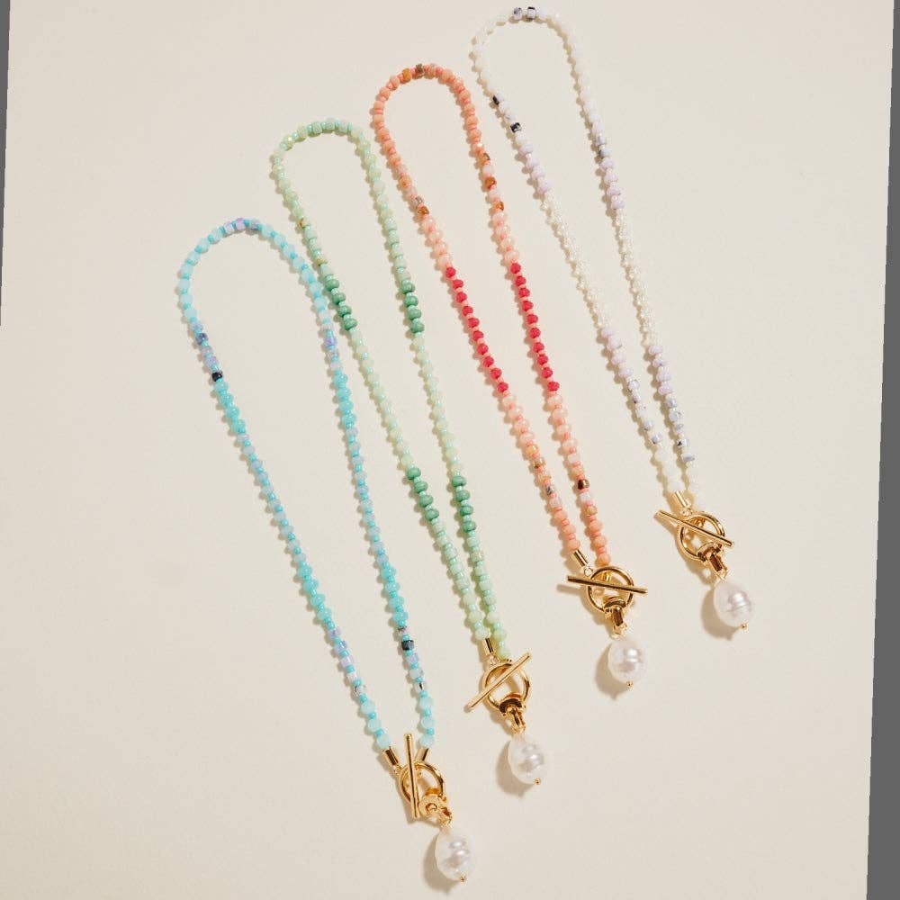 16 Inch Multi Color Bead Pearl Pendant Necklace: Blue